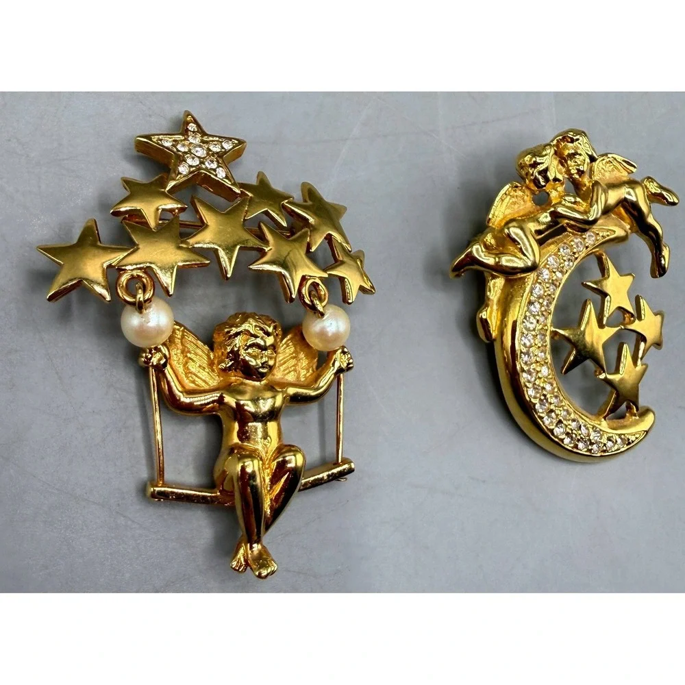 Vintage Gold Tone Cherub Brooch Set Celestial Moon Stars Faux Pearl Rhinestone